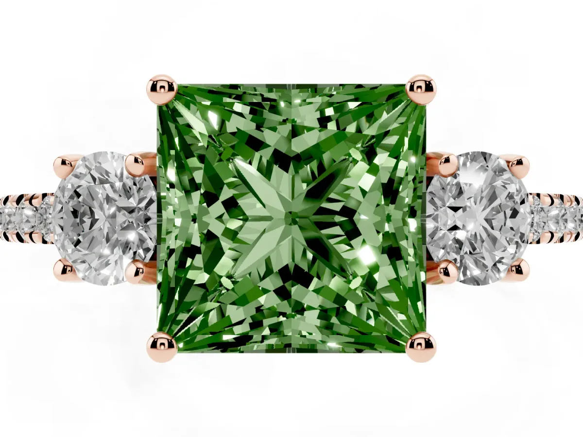 Fancy Green Three-Stone Princess Cut Cut Diamond Pavé Band with Prong Setting Rose gold