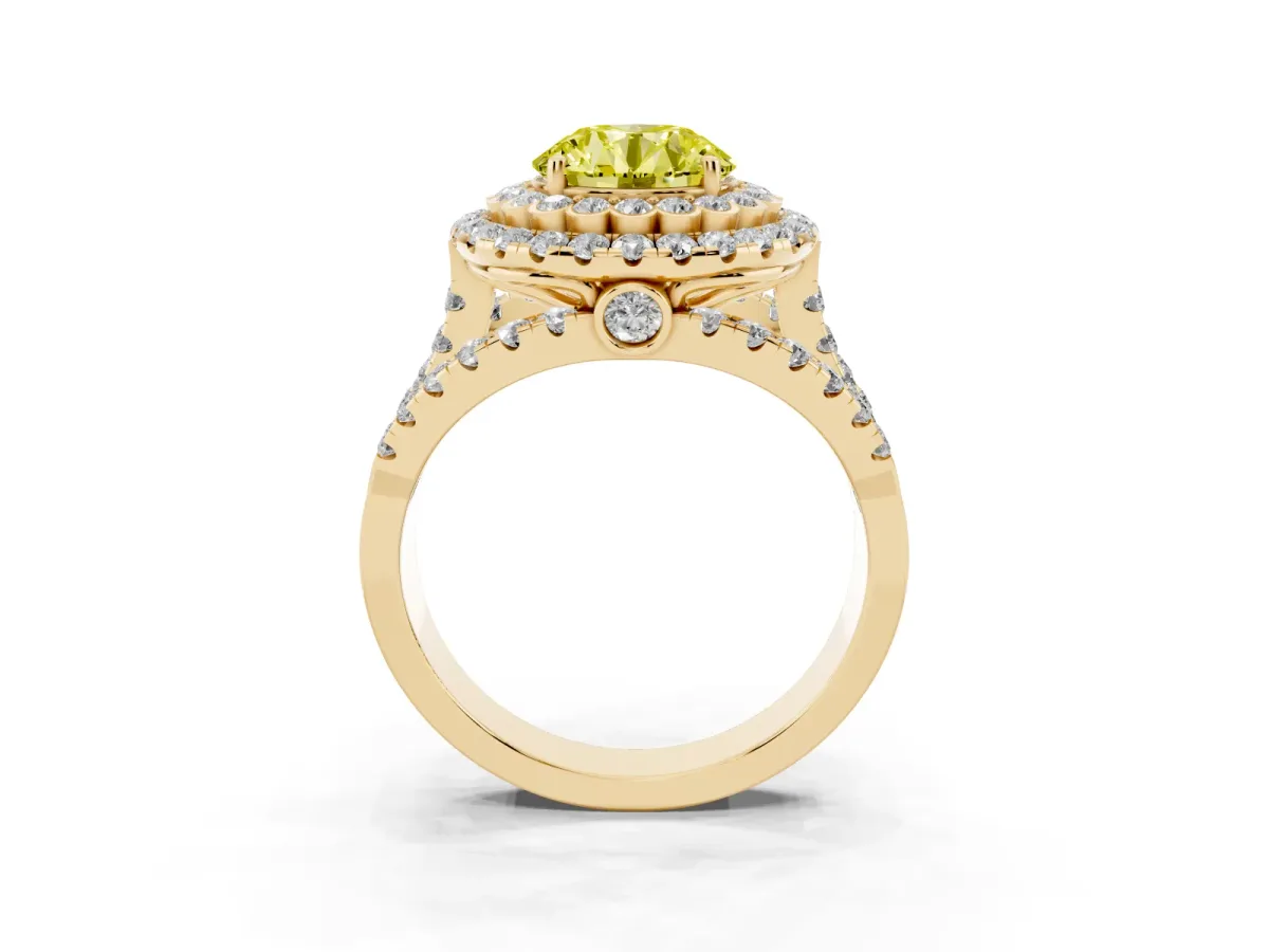Fancy Yellow Round Cut Diamond Double Halo Ring with Round Pavé Split Shank and Prong Setting Yellow gold