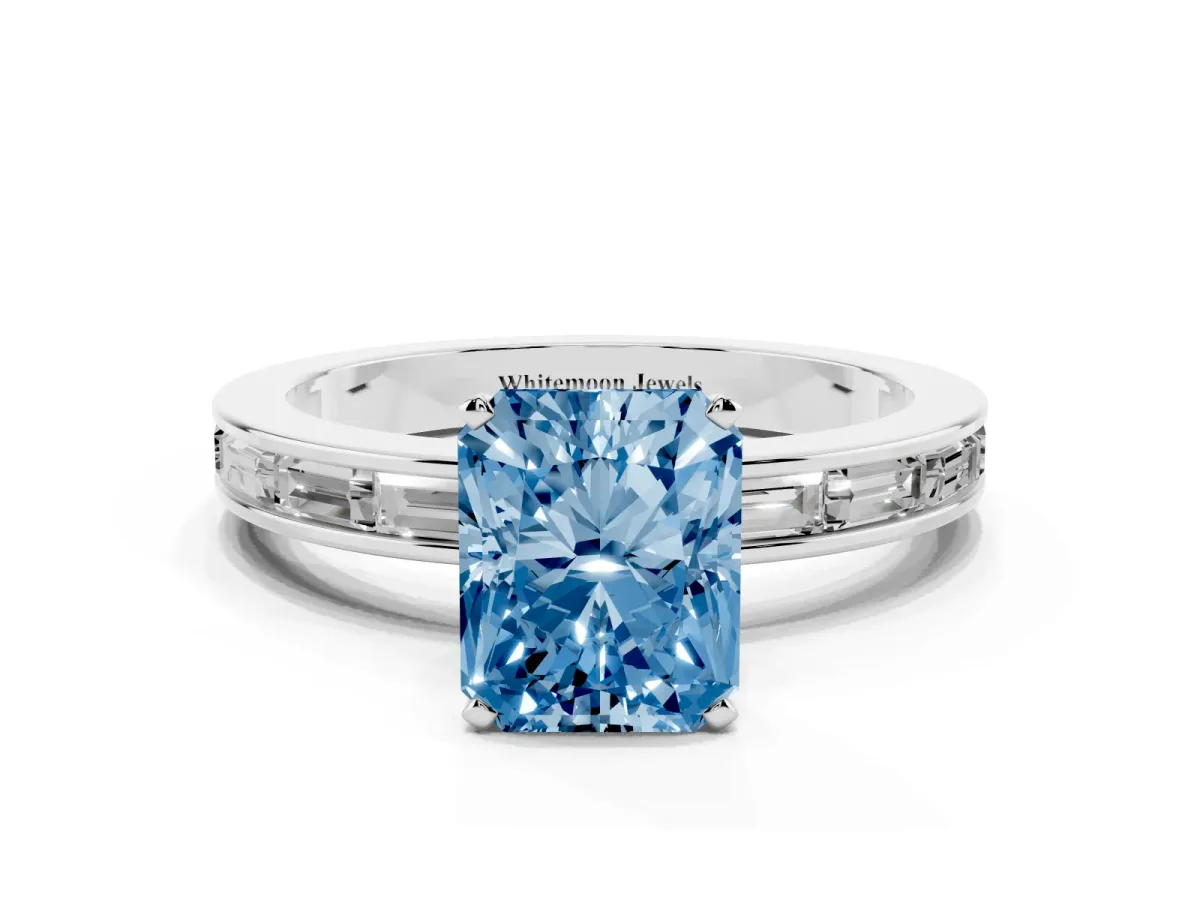 Fancy Blue Radiant Cut Solitaire Diamond Ring with Channel-Set Baguette Band and Four-Prong Setting Silver