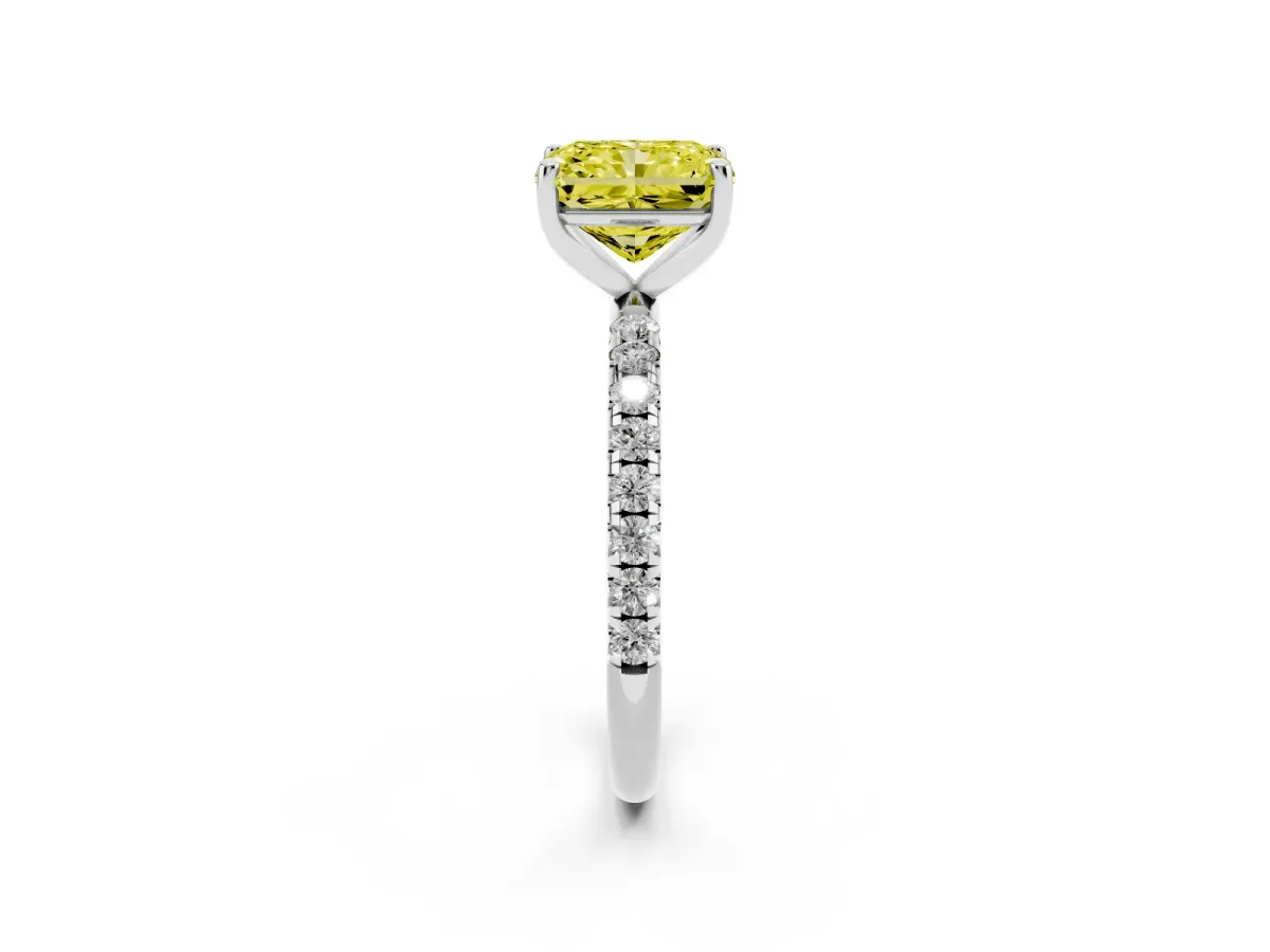 Fancy Yellow Radiant Cut Cut Diamond Solitaire Ring with Micro Pave Band and Four Prong Setting Silver