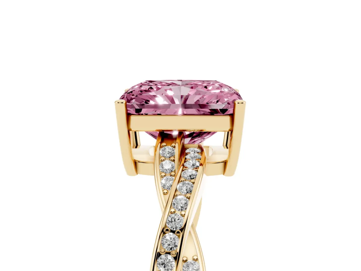 Fancy Pink Radiant Cut Solitaire Twisted Pave Diamond Ring with Four-Prong Setting Yellow gold
