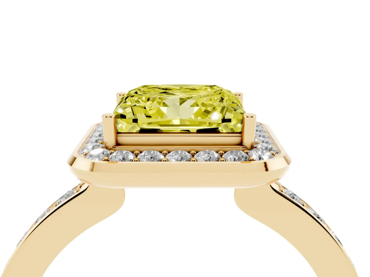 Fancy Yellow Princess Cut Diamond Halo Ring with Bezel Frame and Pavé Band Yellow gold