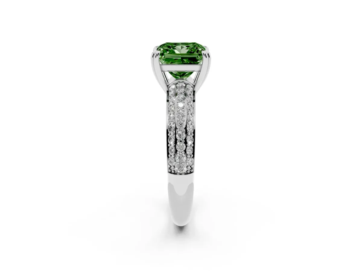 Fancy Green Princess Cut Diamond Solitaire Ring with Multi-Row Round Pavé Band and Prong Setting White gold