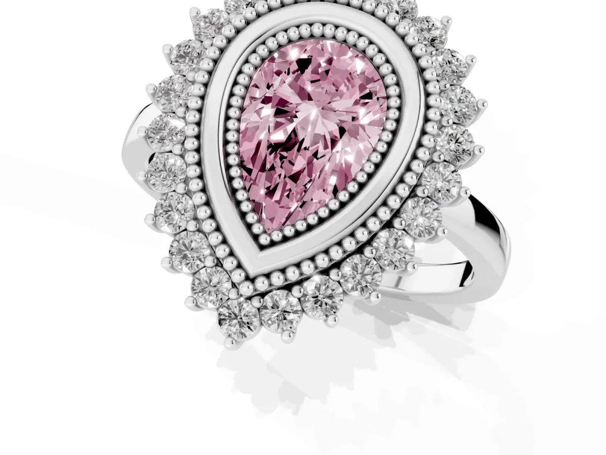 Fancy Pink Pear Cut Halo Diamond Ring with Milgrain Edge and Round Prong Setting Silver