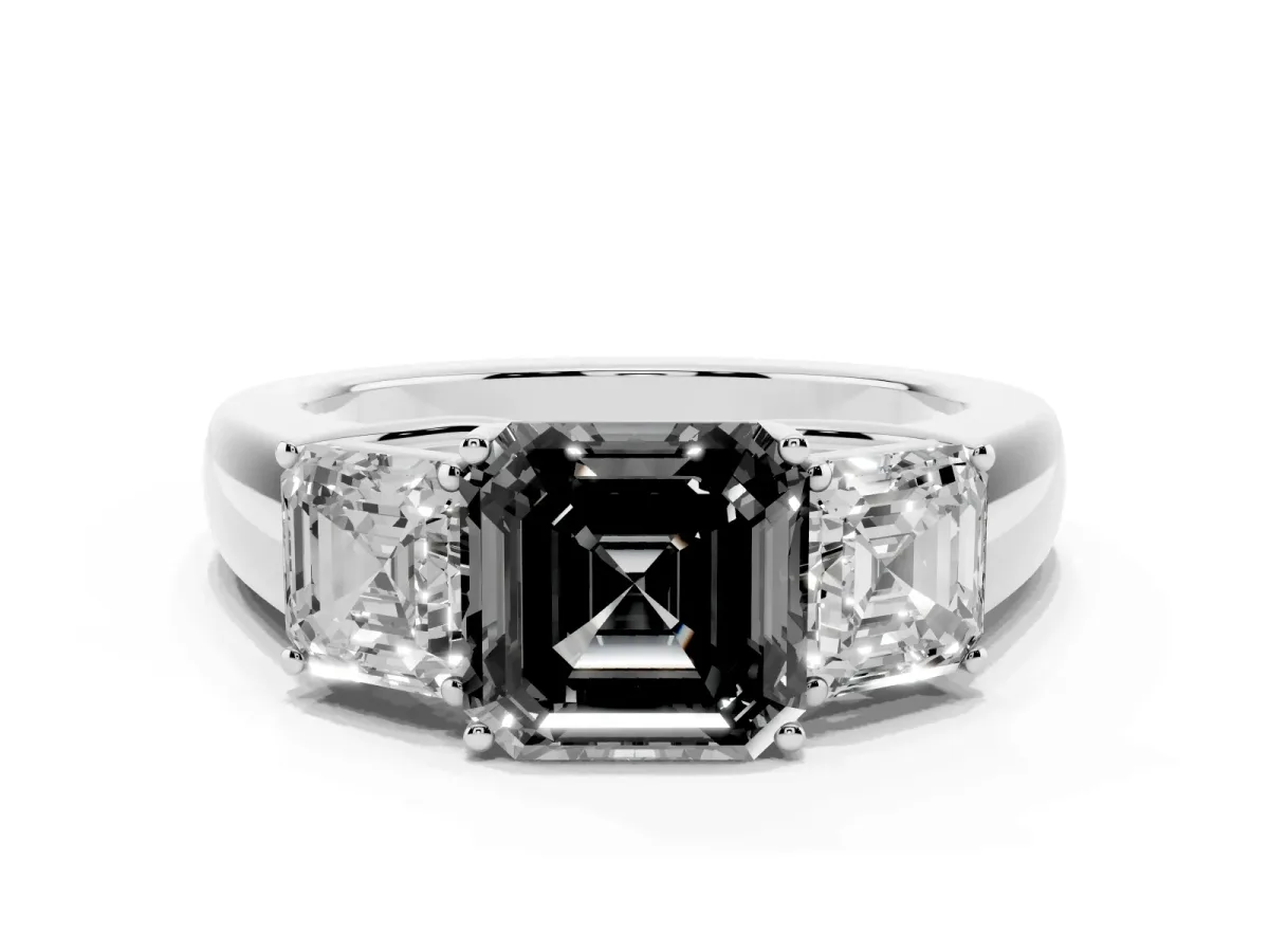 Fancy Black Three-Stone Asscher Cut Cut Diamond Ring with Prong Setting and Classic Band Platinum