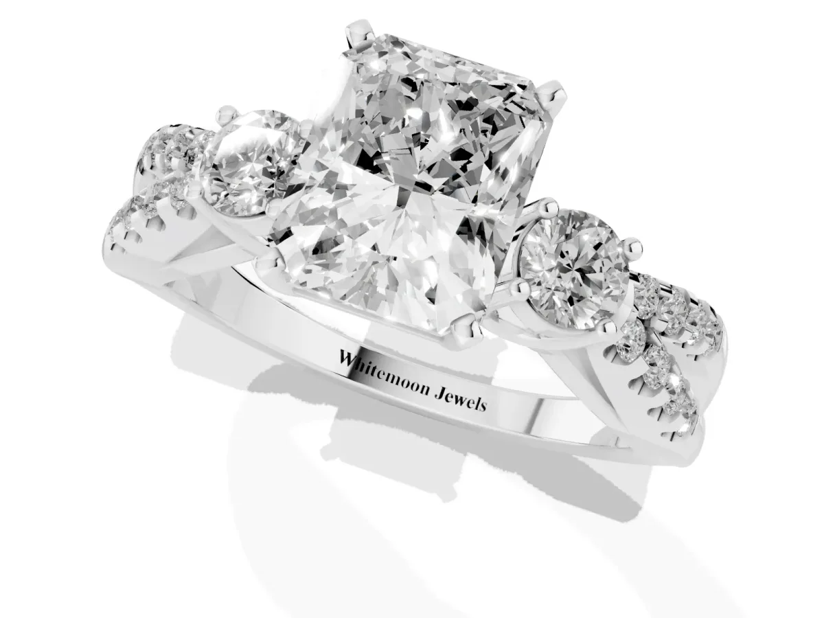 Radiant Cut Diamond Three-Stone Ring with Pavé Split Shank and Four-Prong Setting Silver