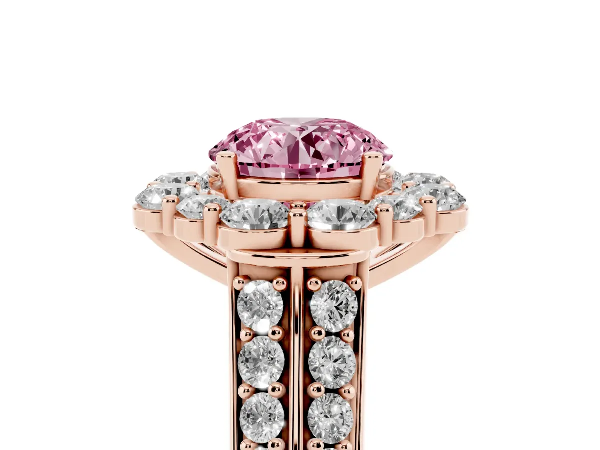 Fancy Pink Round Cut Halo Diamond Engagement Ring with Split Shank and Prong Setting Rose gold