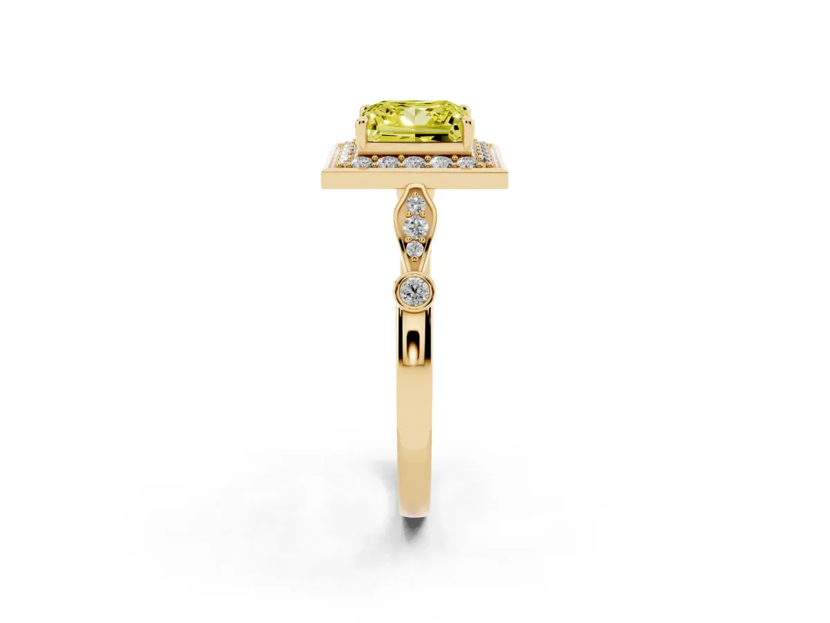 Fancy Yellow Princess Cut Halo Diamond Engagement Ring with Twisted Band and Four-Prong Setting Yellow gold