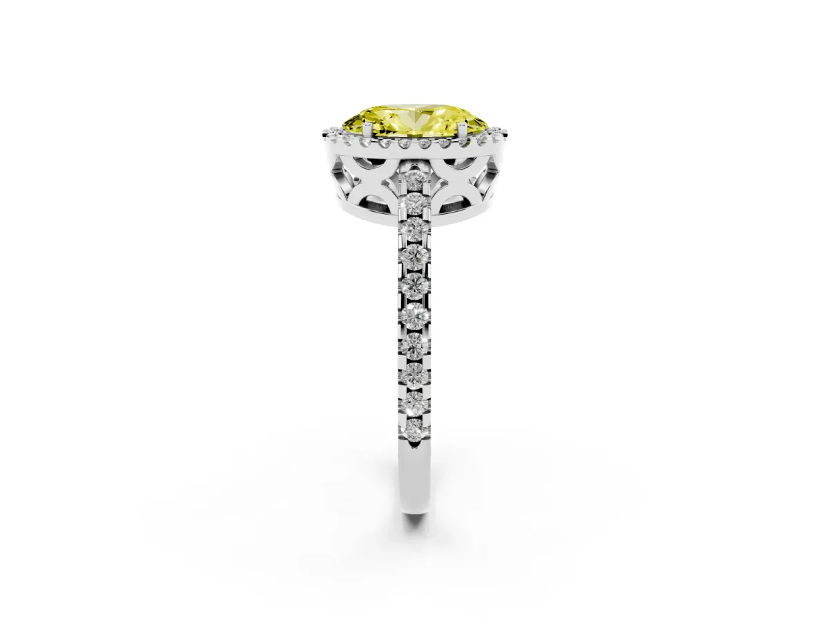 Fancy Yellow Oval Cut Diamond Halo Engagement Ring with Pavé Band and Prong Setting White gold