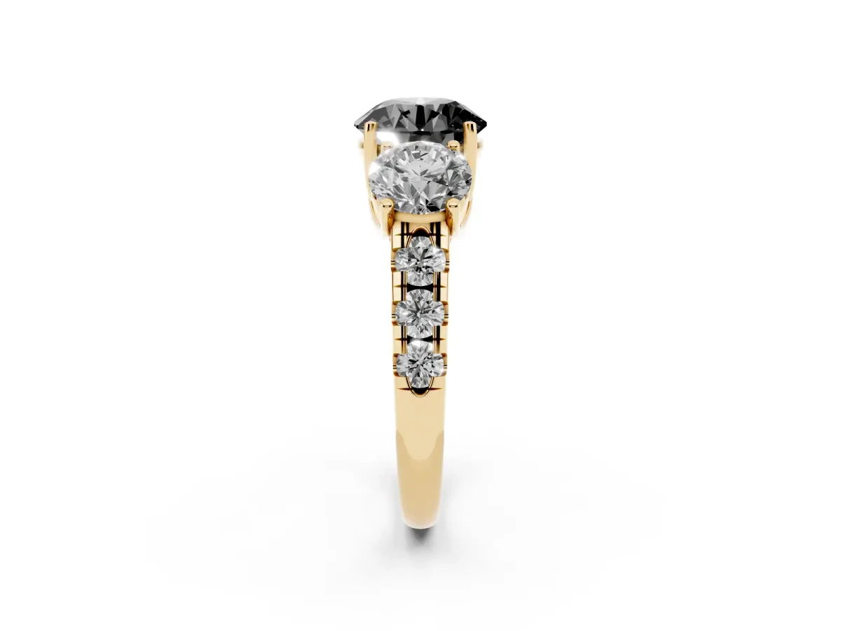 Fancy Black Three-Stone Round Cut Diamond Pavé Band with Prong Setting Yellow gold