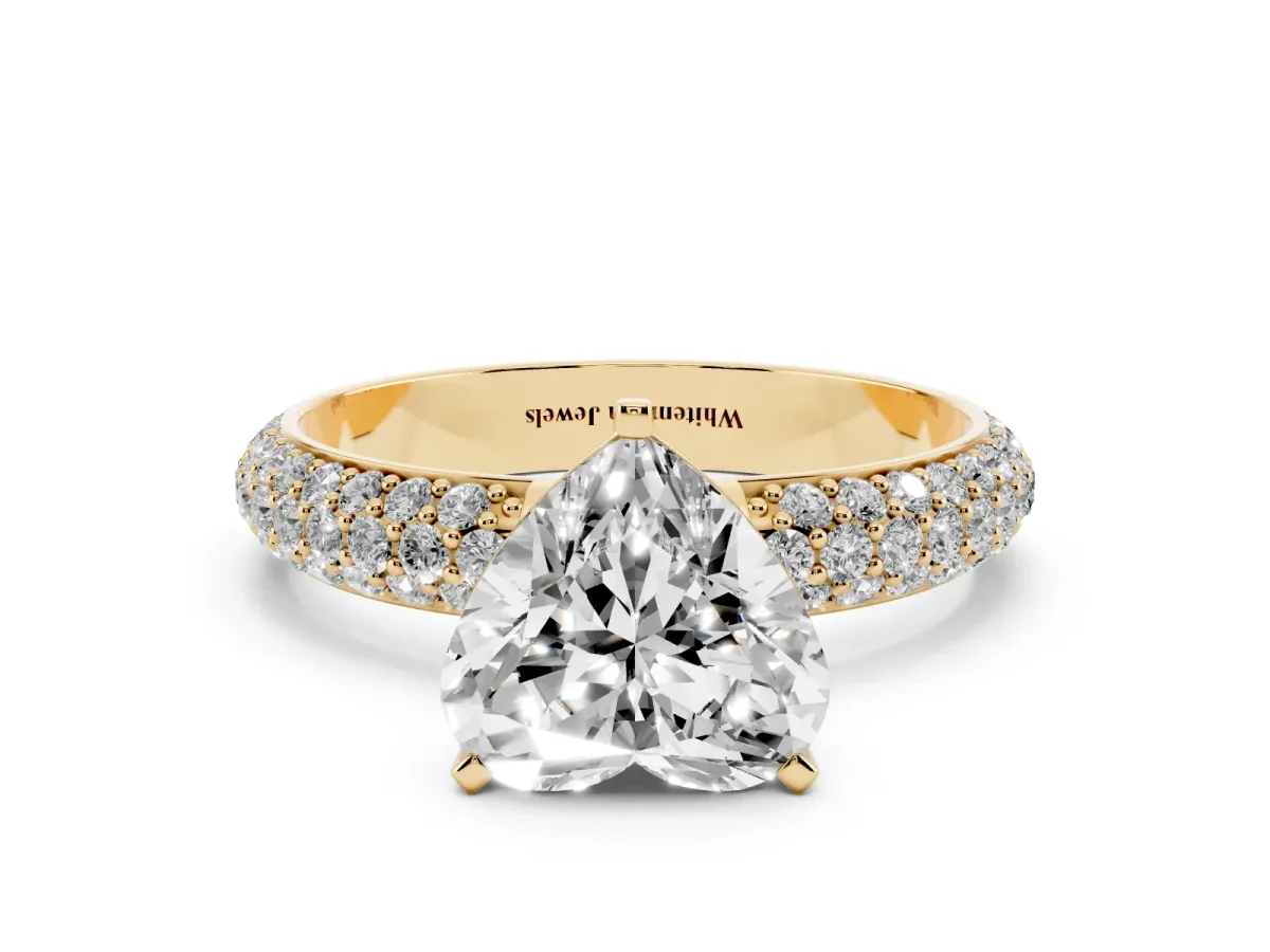 Heart Cut Diamond Solitaire Ring with Prong Setting and Pavé Band Yellow gold