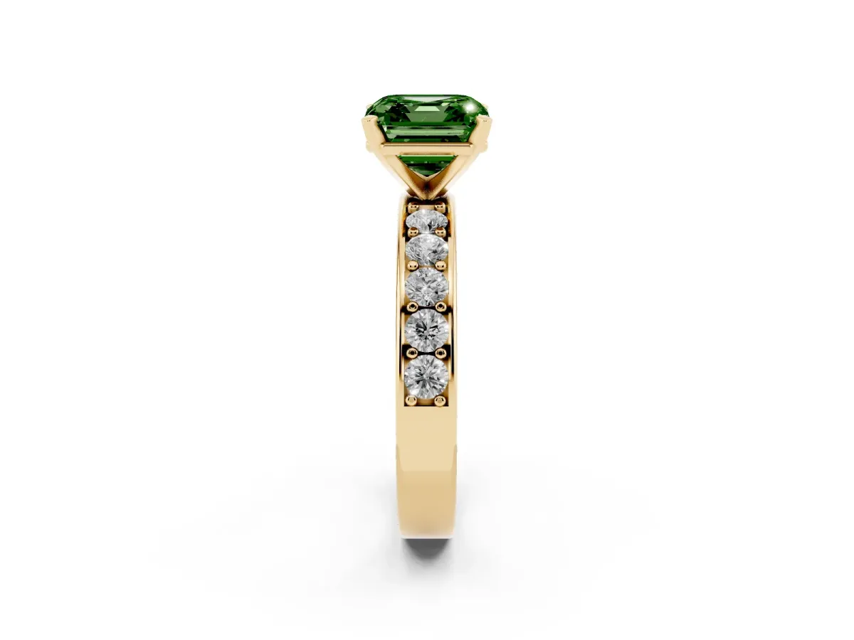 Fancy Green Asscher Cut Diamond Engagement Ring with Channel Set Round Band and Prong Setting Yellow gold