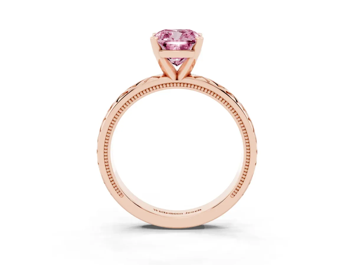 Fancy Pink Cushion Cut Solitaire Diamond Ring with Milgrain and Black Enamel X Pattern Band Rose gold