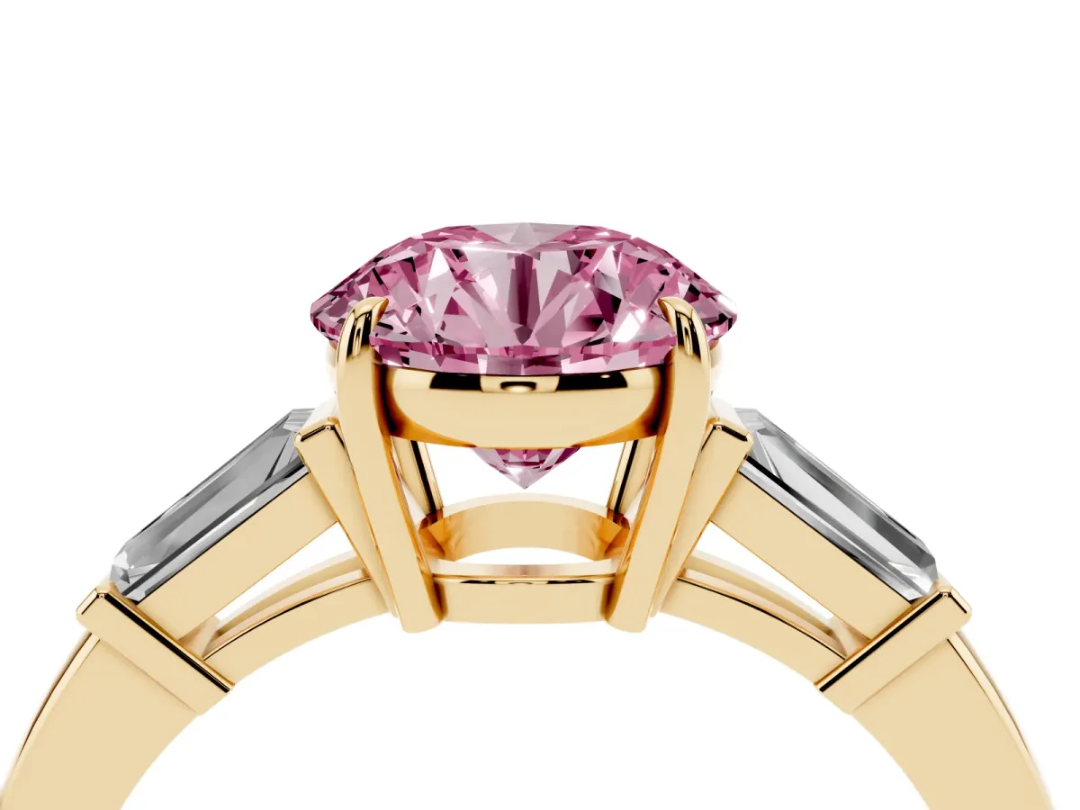 Fancy Pink Round Cut Diamond Three-Stone Ring with Tapered Baguette Side Stones and Prong Setting Yellow gold