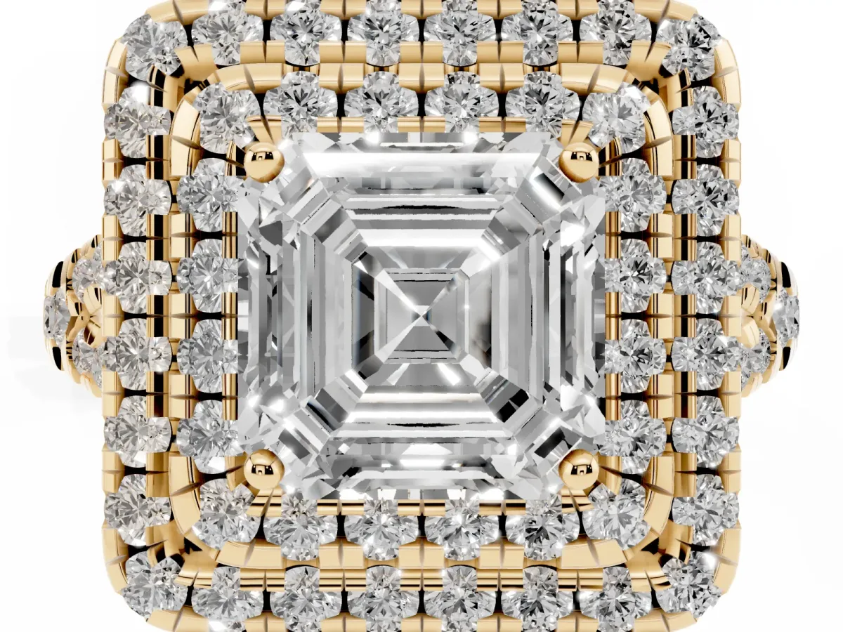 Double Halo Asscher Cut Diamond Pavé Split Shank Ring with Prong Setting Yellow gold