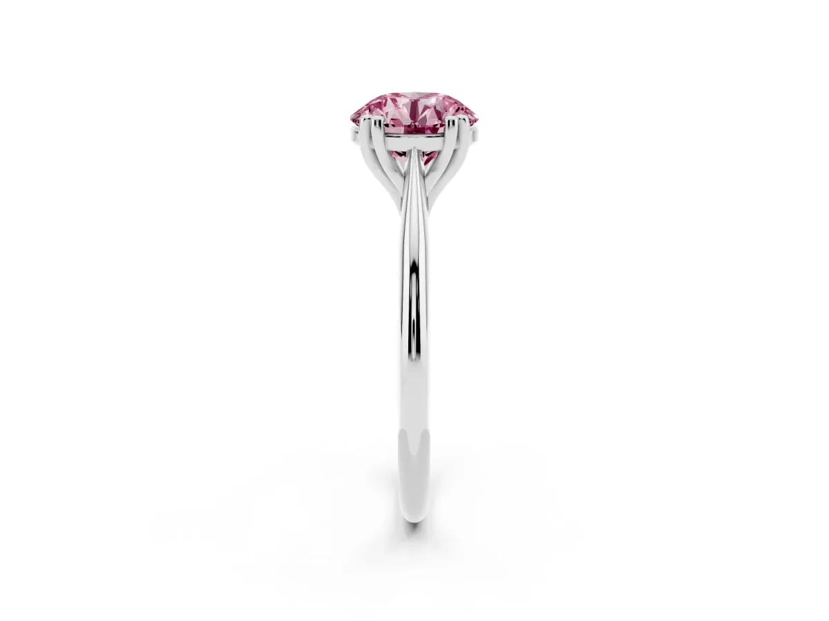 Fancy Pink Round Cut Solitaire Diamond Ring with Six-Prong Setting and Classic Band Silver