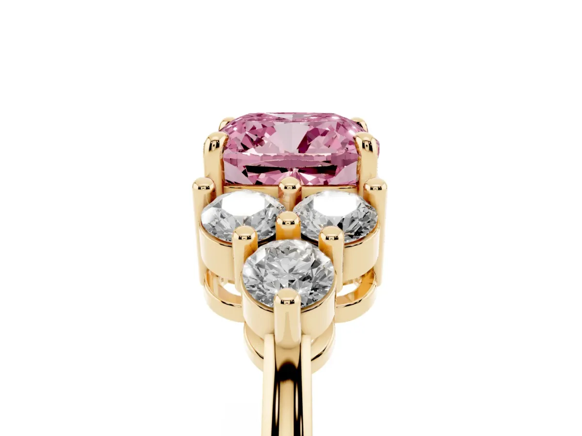 Fancy Pink Cushion Cut Brilliant Diamond Cluster Accent Solitaire Ring with Prong Setting Yellow gold