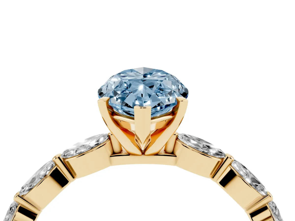 Fancy Blue Marquise Cut Diamond Ring with Marquise Side Stones and Prong Setting Yellow gold