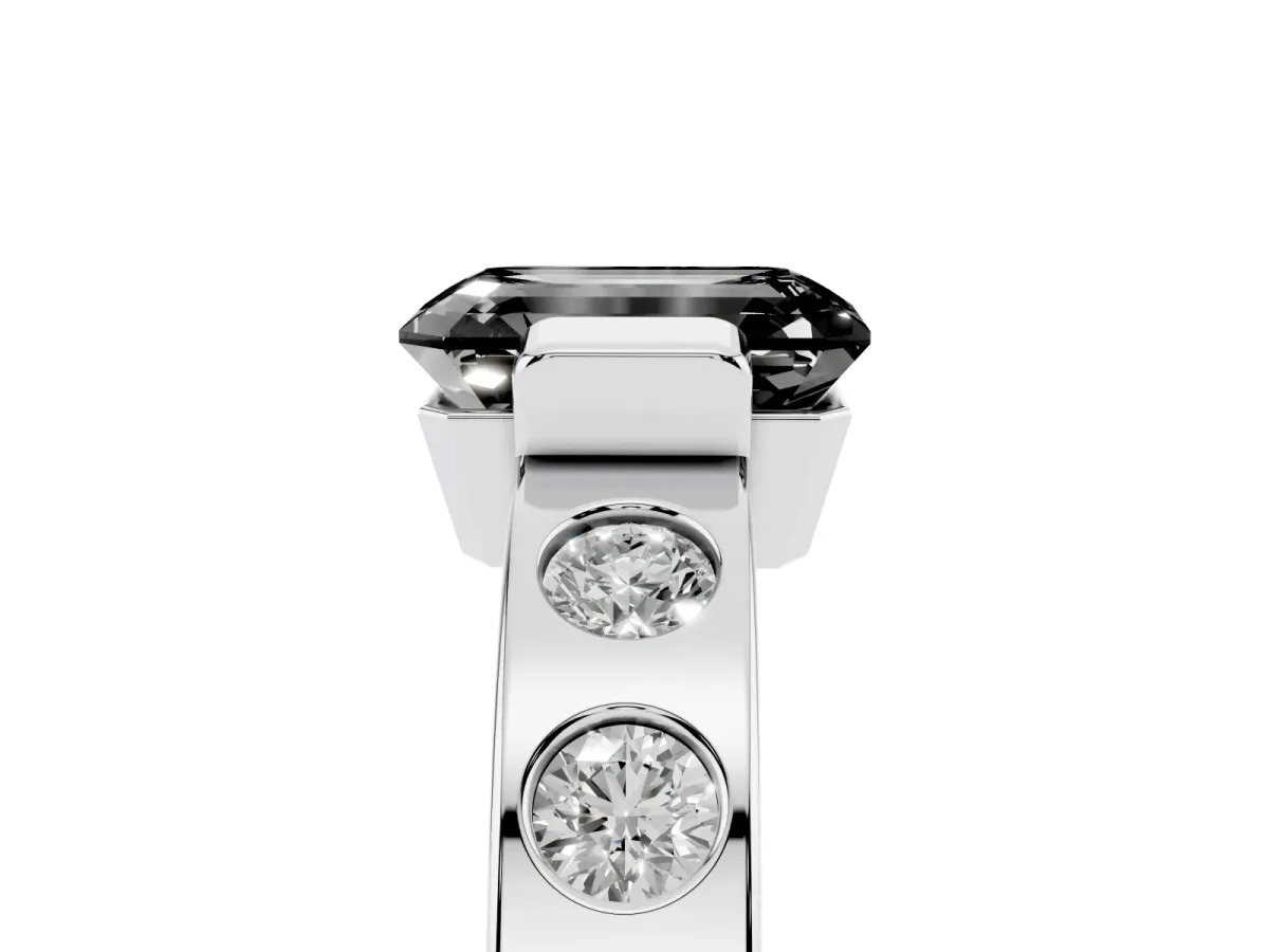 Fancy Black Emerald Cut Brilliant Channel-Set Diamond Ring with Bezel Prong Setting Platinum