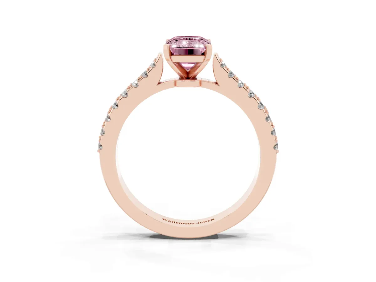 Fancy Pink Emerald Cut Cut Solitaire Diamond Engagement Ring with Pave Band and Four-Prong Setting Rose gold