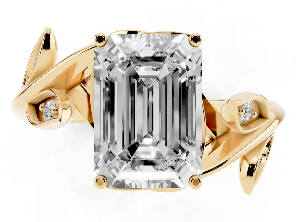 Emerald Cut Solitaire Twist Engagement Ring with Leaf Accents and Prong Setting Yellow gold