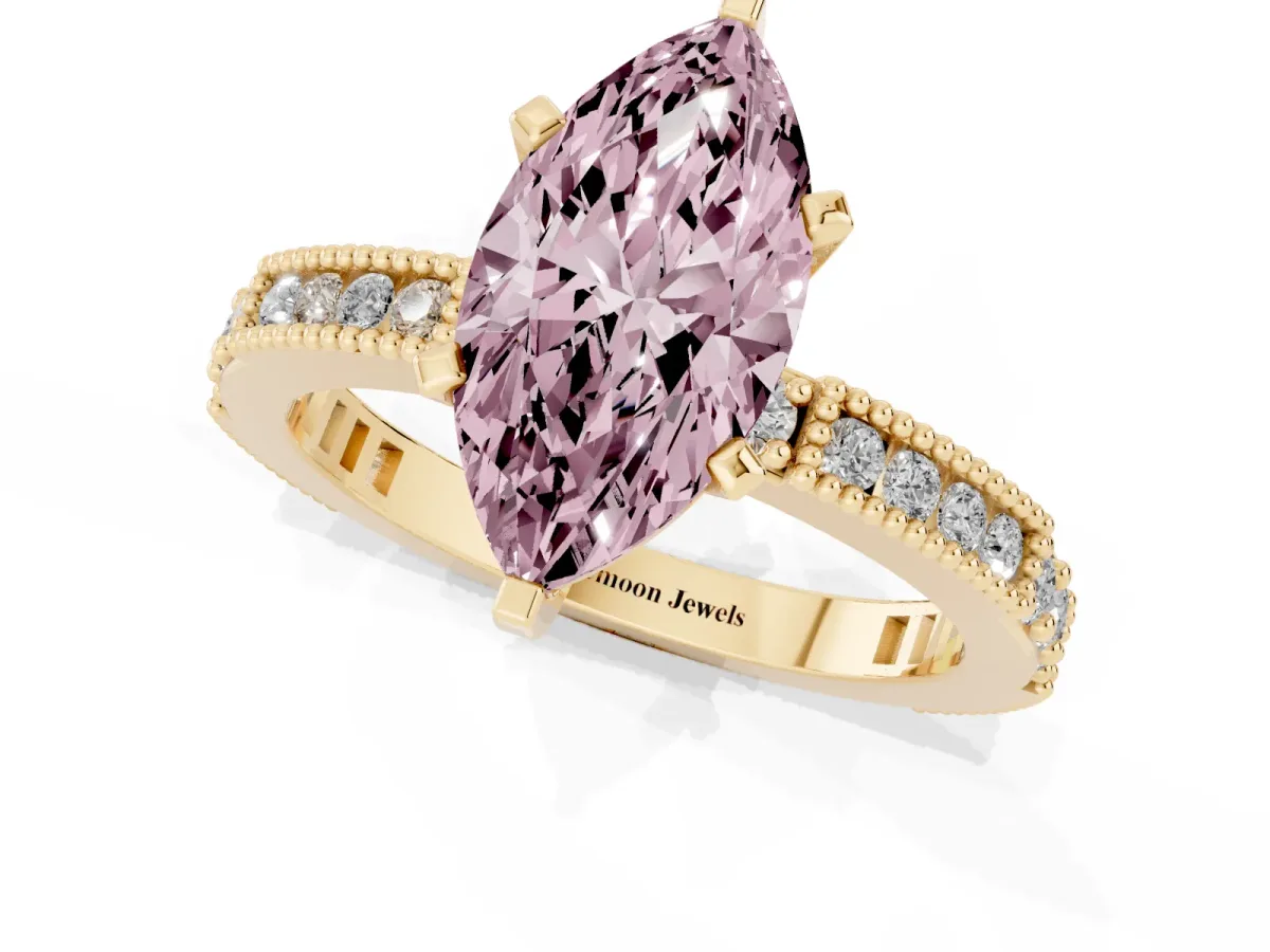 Fancy Pink Marquise Cut Solitaire with Pavé Band and Four-Prong Setting Yellow gold