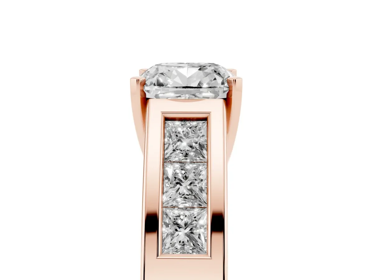 Cushion Cut Cut Channel Set Solitaire Ring with Four-Prong Setting Rose gold