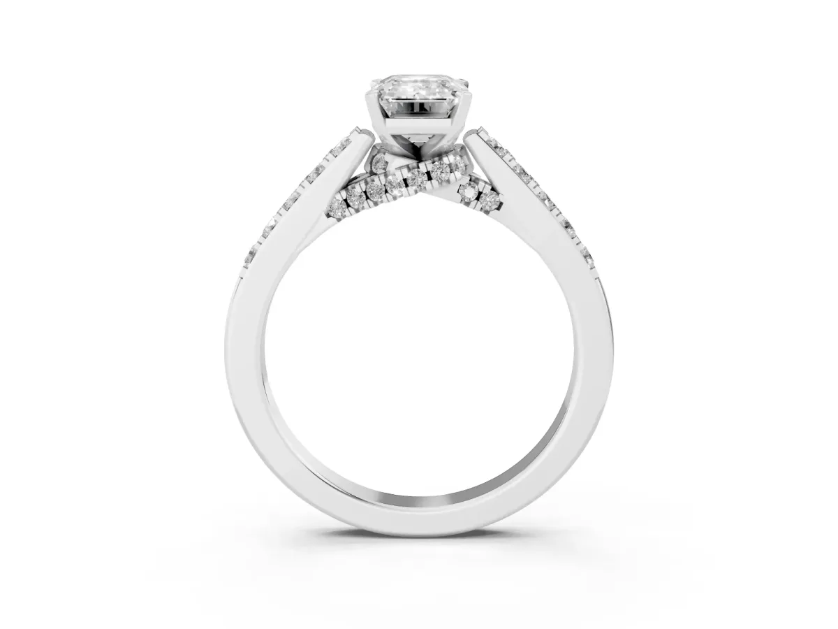 Emerald Cut Diamond Solitaire Ring with Crossover Gallery and Round Pavé Band White gold