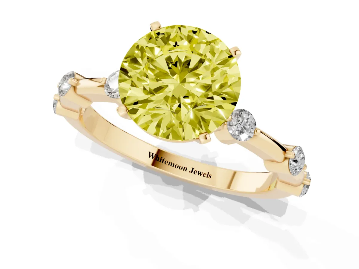 Fancy Yellow Round Cut Solitaire Diamond Ring with Bezel Set Side Stones and Prong Setting Yellow gold