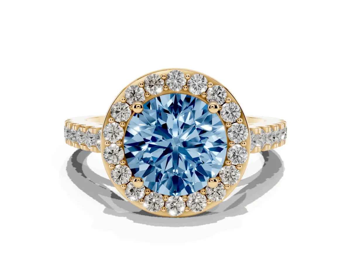 Fancy Blue Round Cut Diamond Halo Ring with Round Pavé Split Shank and Prong Setting Yellow gold