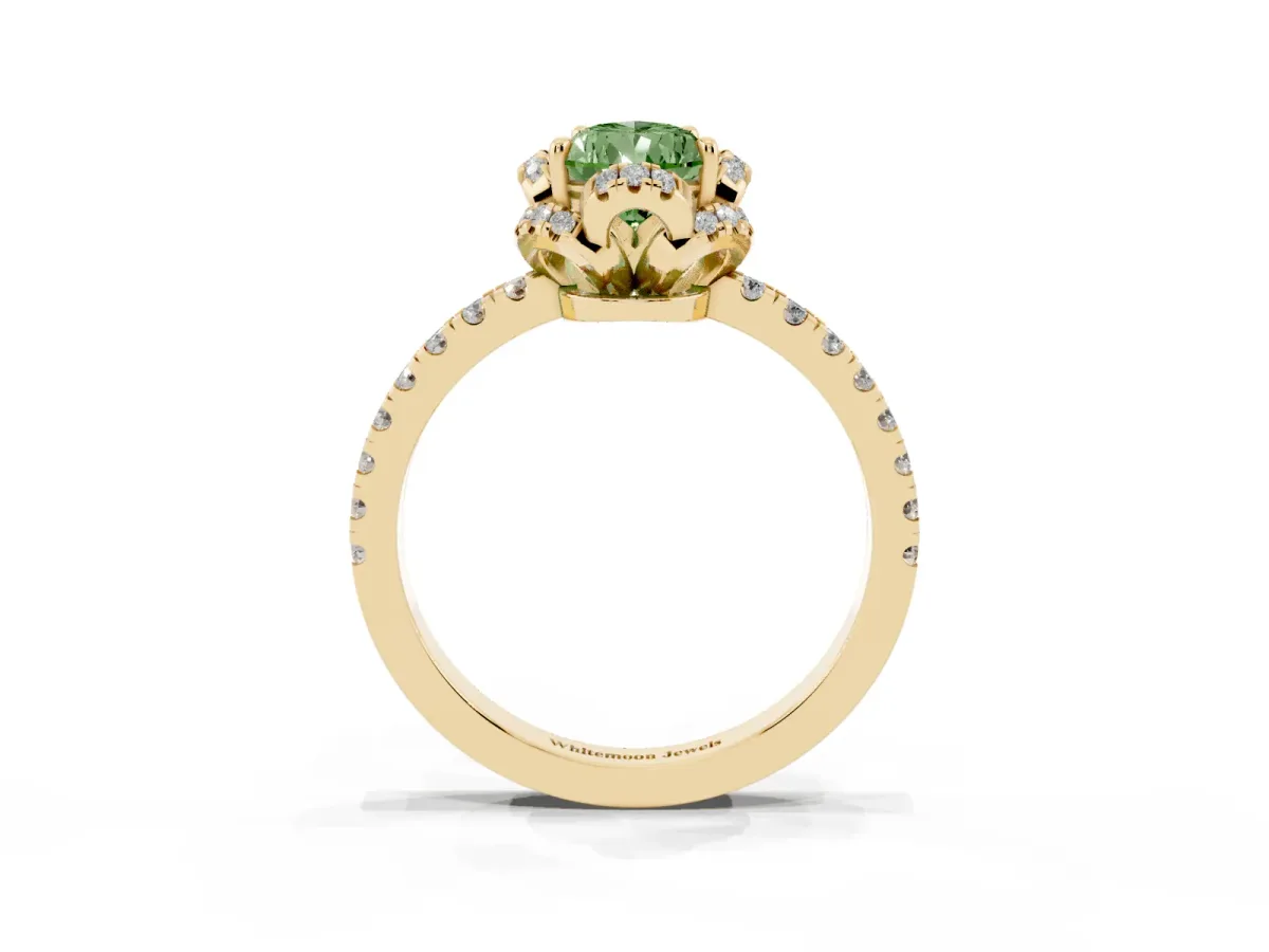 Fancy Green Pear Cut Diamond Halo Pave Band with Four-Prong Setting Yellow gold
