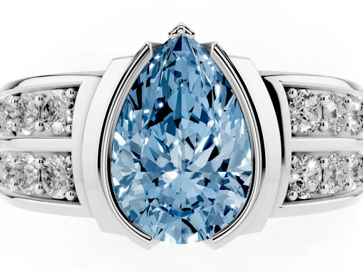 Fancy Blue Pear Cut Brilliant Diamond Channel Set Wide Band Ring with Bezel Setting Platinum