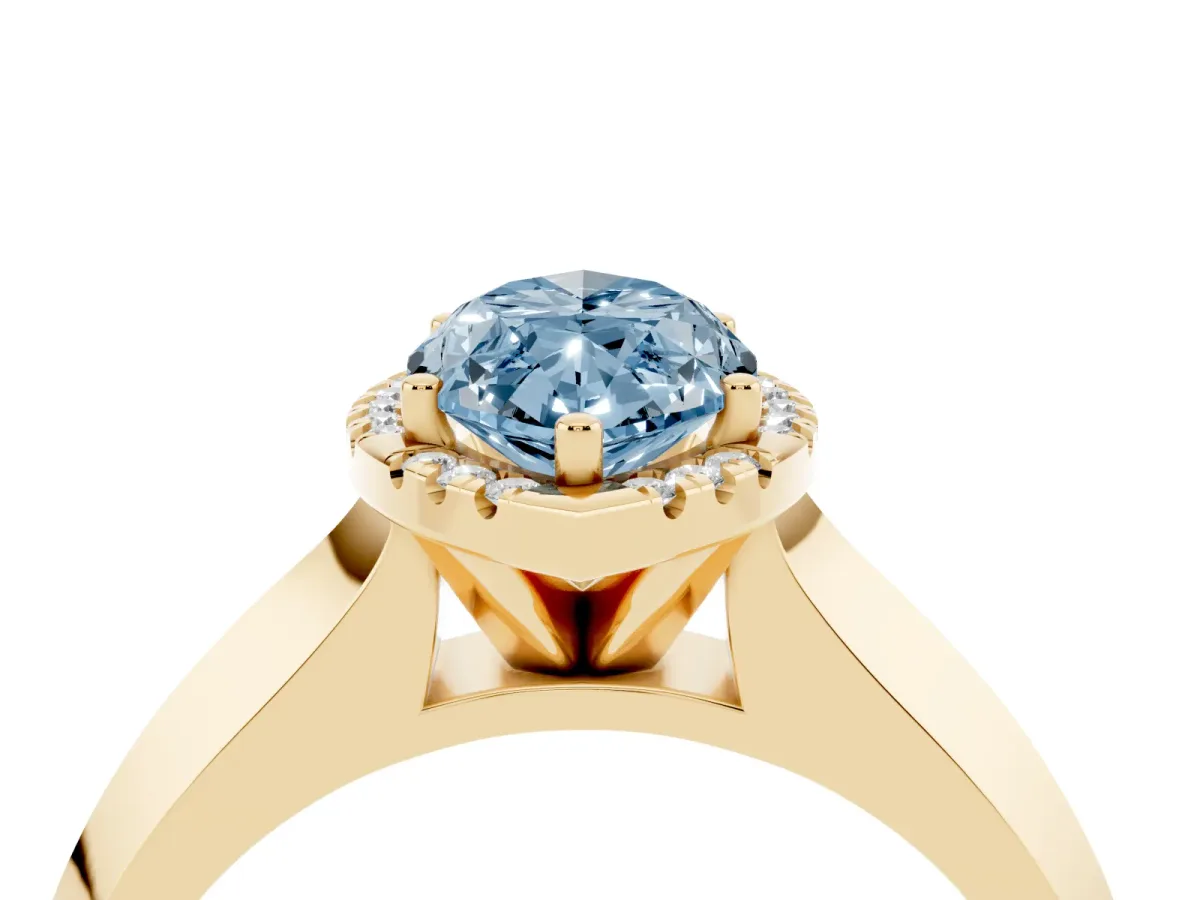 Fancy Blue Marquise Cut Halo Diamond Ring with Cathedral Band and Four-Prong Setting Yellow gold