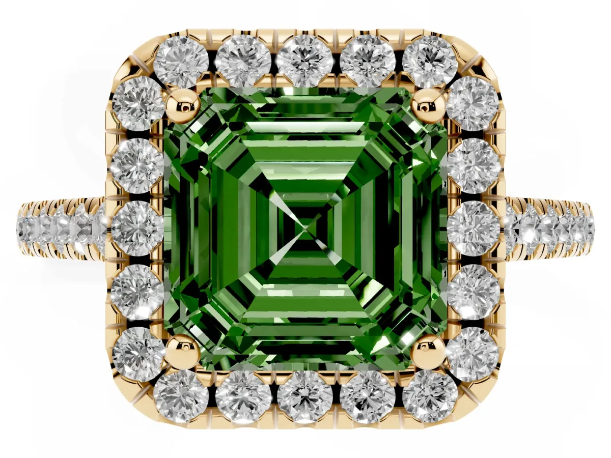 Fancy Green Asscher Cut Halo Pavé Diamond Engagement Ring with Four-Prong Setting Yellow gold
