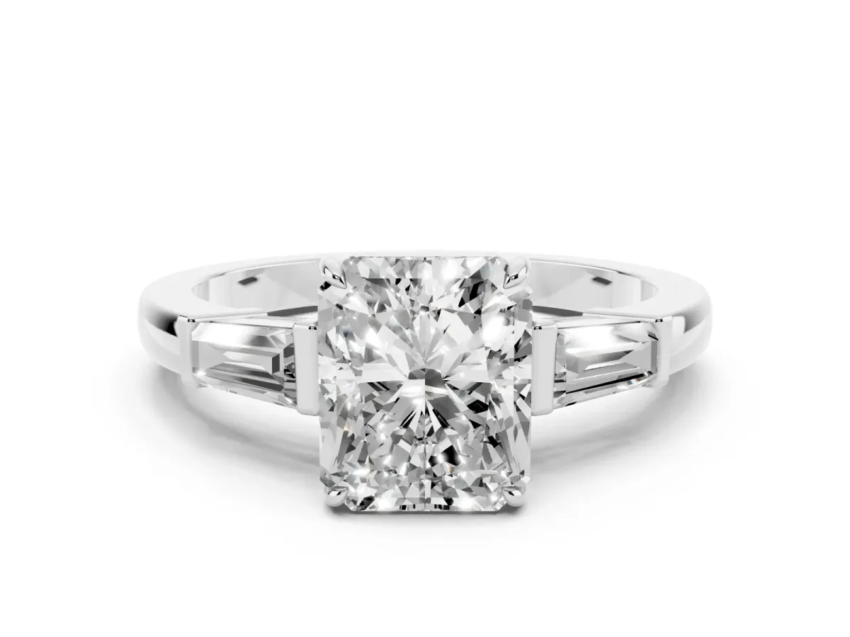 Radiant Cut Diamond Three-Stone Ring with Tapered Baguette Side Stones and Prong Setting White gold