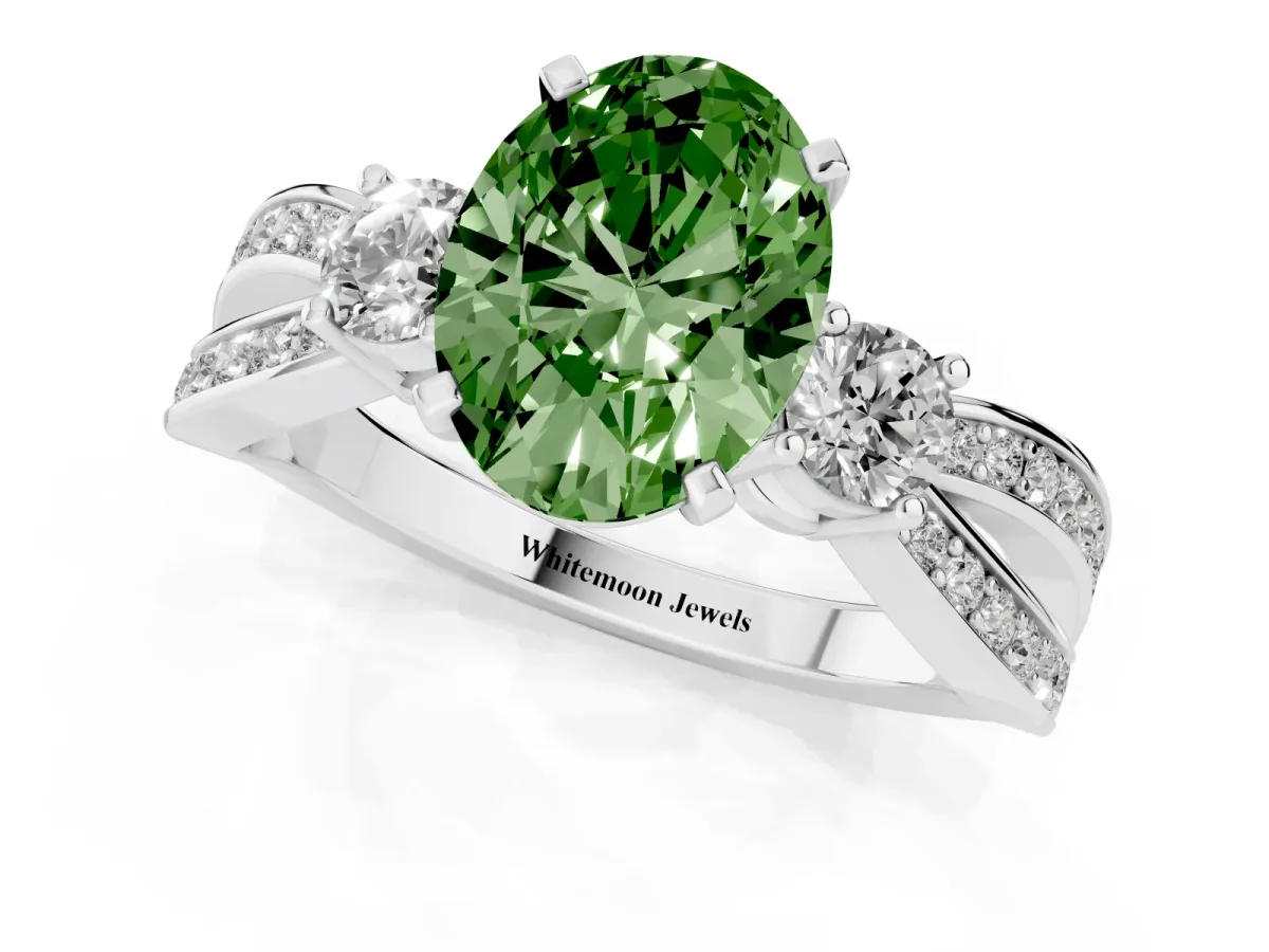 Fancy Green Three-Stone Oval Cut Cut Diamond Twist Band with Prong Setting Silver