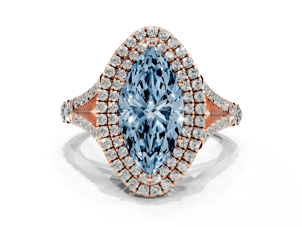 Fancy Blue Marquise Cut Diamond Pavé Split Shank Double Halo Engagement Ring Rose gold