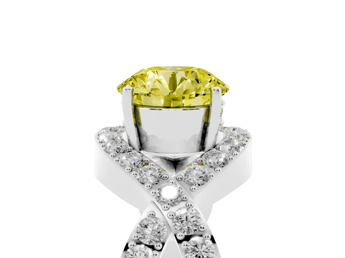 Fancy Yellow Round Cut Solitaire Twist Band Pavé Diamond Engagement Ring Silver