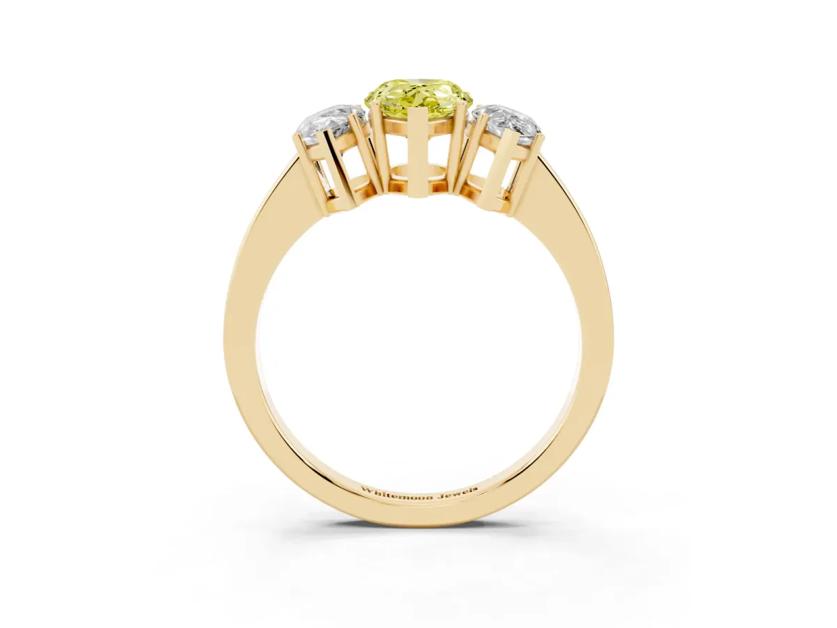 Fancy Yellow Three-Stone Pear Cut Cut Diamond Engagement Ring with Flat Band and Four-Prong Setting Yellow gold