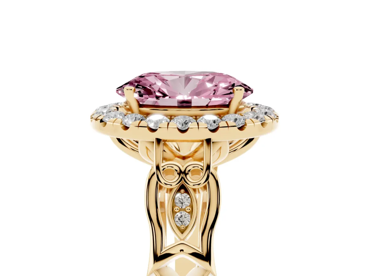 Fancy Pink Oval Cut Halo Diamond Engagement Ring with Filigree Band and Four-Prong Setting Yellow gold