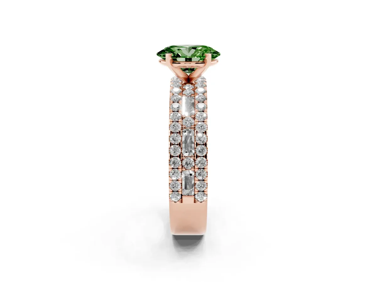 Fancy Green Oval Cut Diamond Solitaire Ring with Pavé and Channel Set Band Rose gold