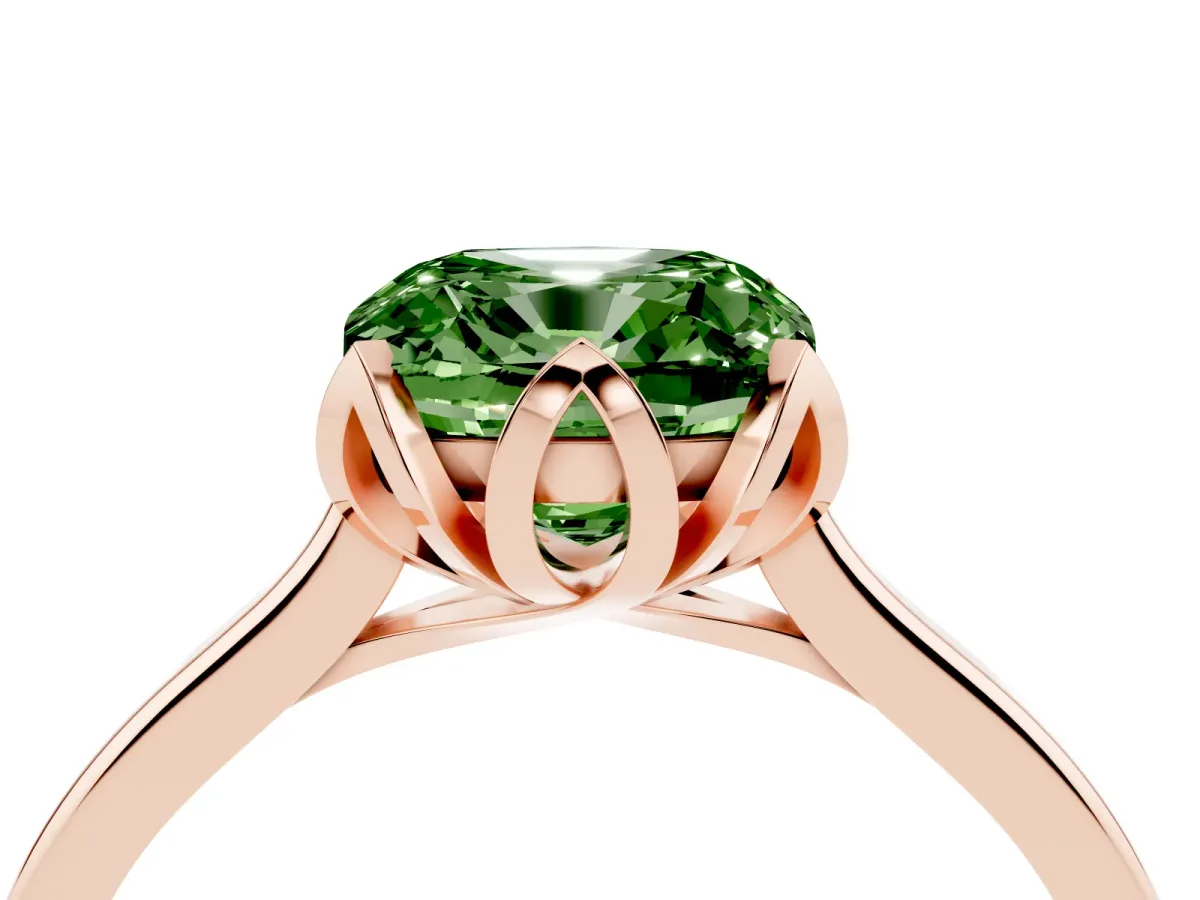 Fancy Green Cushion Cut Diamond Solitaire Ring with Flower Prong Setting and Classic Band Rose gold