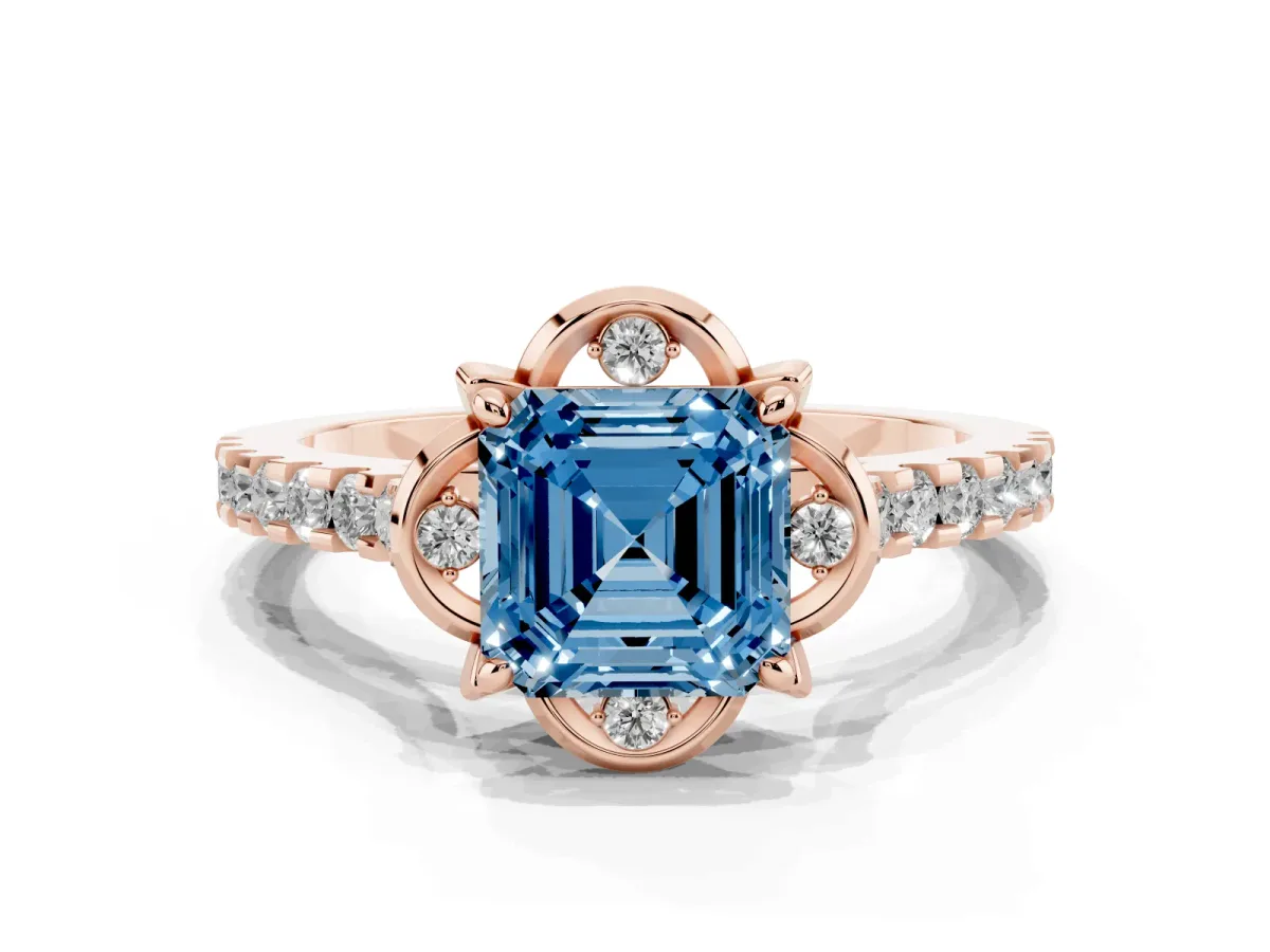 Fancy Blue Asscher Cut Diamond Ring with Pavé Band and Floral Prong Setting Rose gold