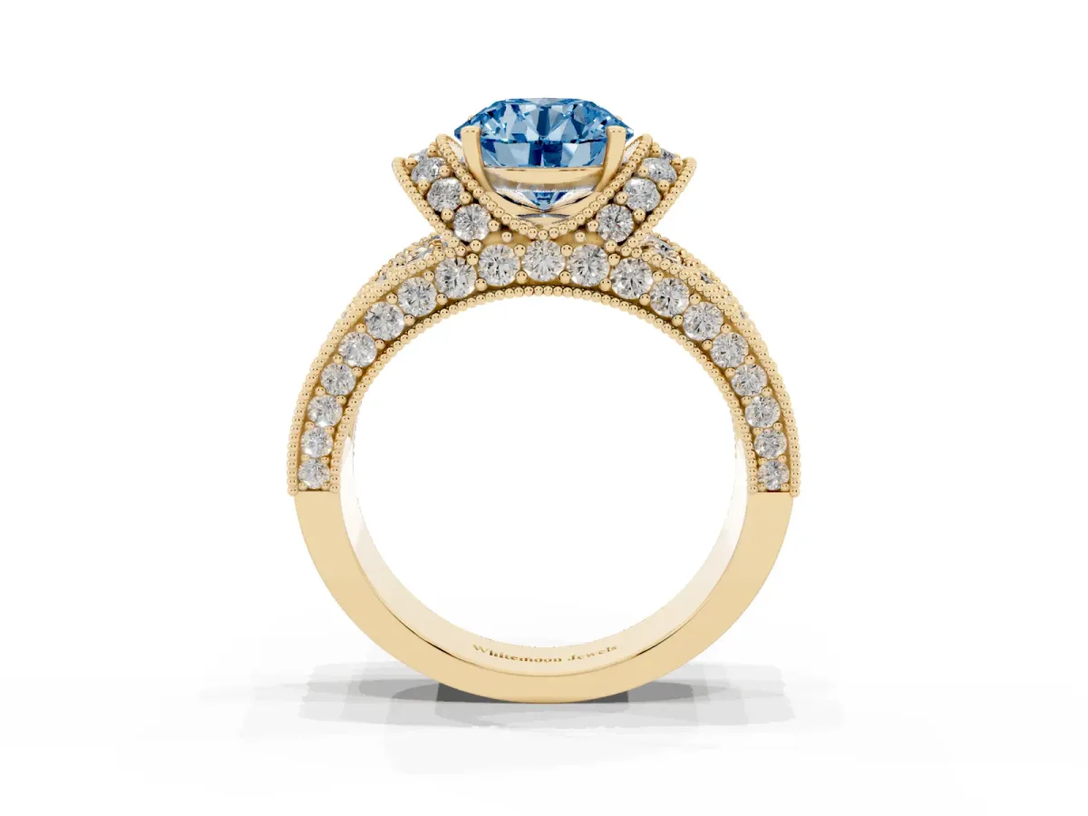 Fancy Blue Round Cut Halo Pave Diamond Engagement Ring with Milgrain Detailing Yellow gold