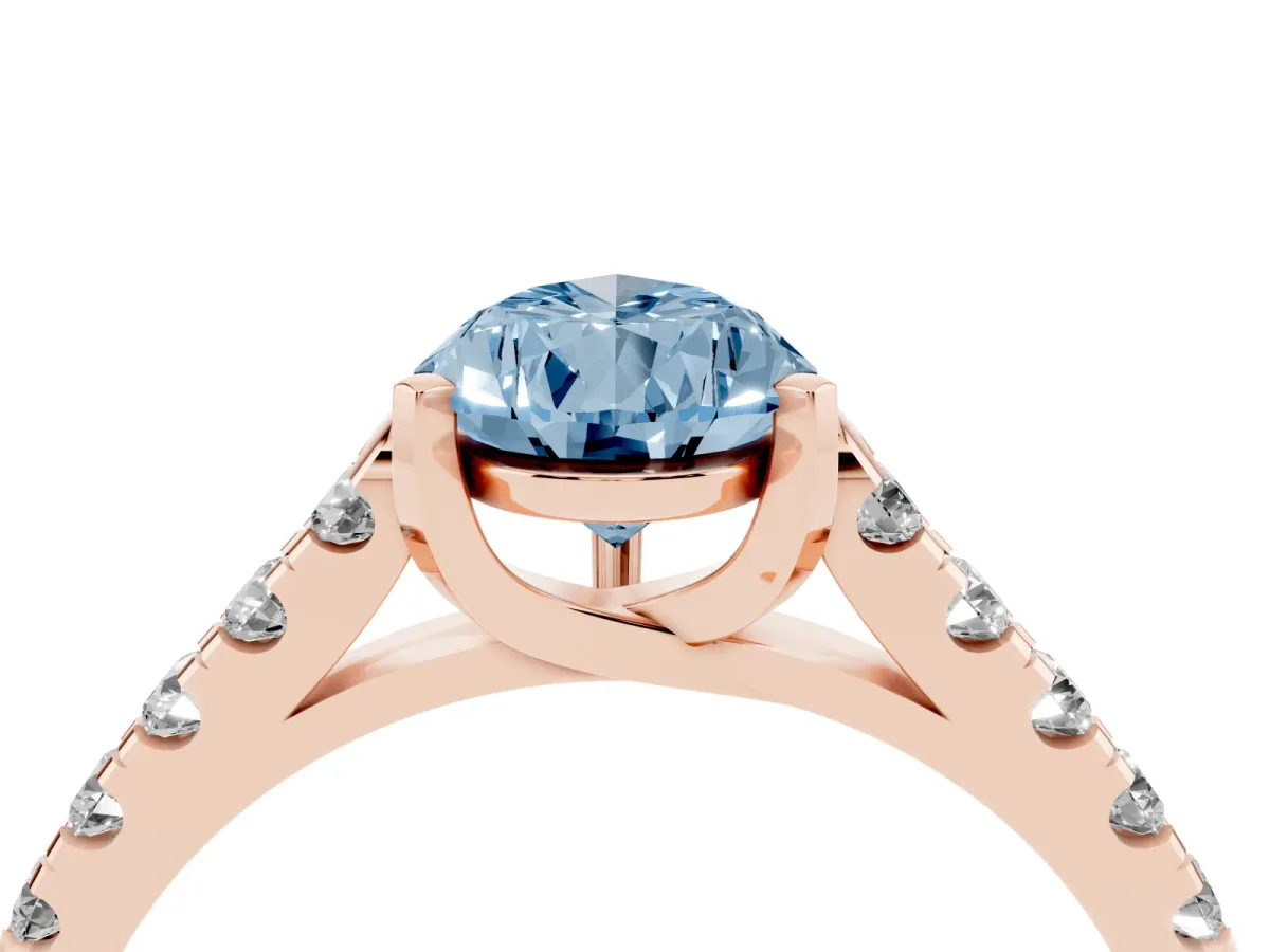 Fancy Blue Pear Cut Diamond Pavé Band Solitaire Ring with Prong Setting Rose gold