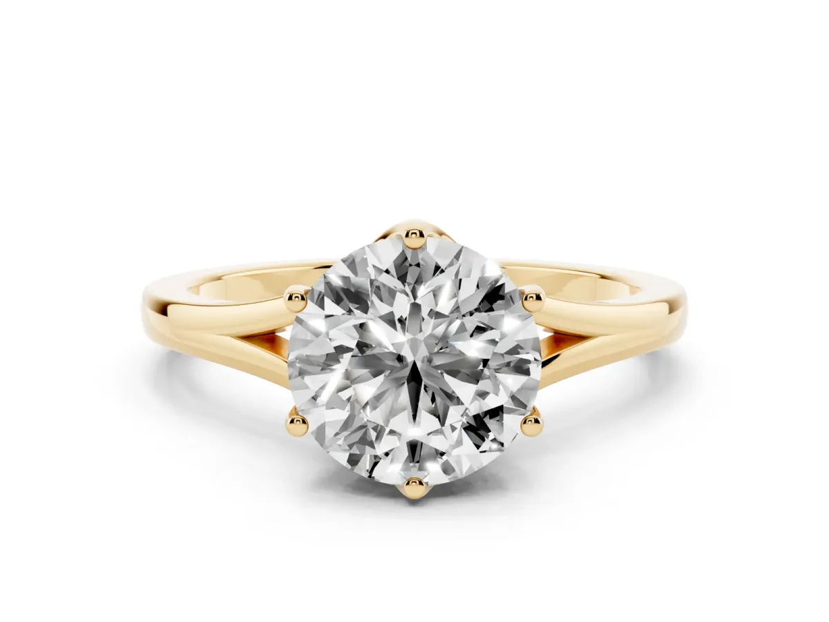 Round Cut Solitaire Diamond Ring with Six-Prong Setting and Tapered Band Yellow gold