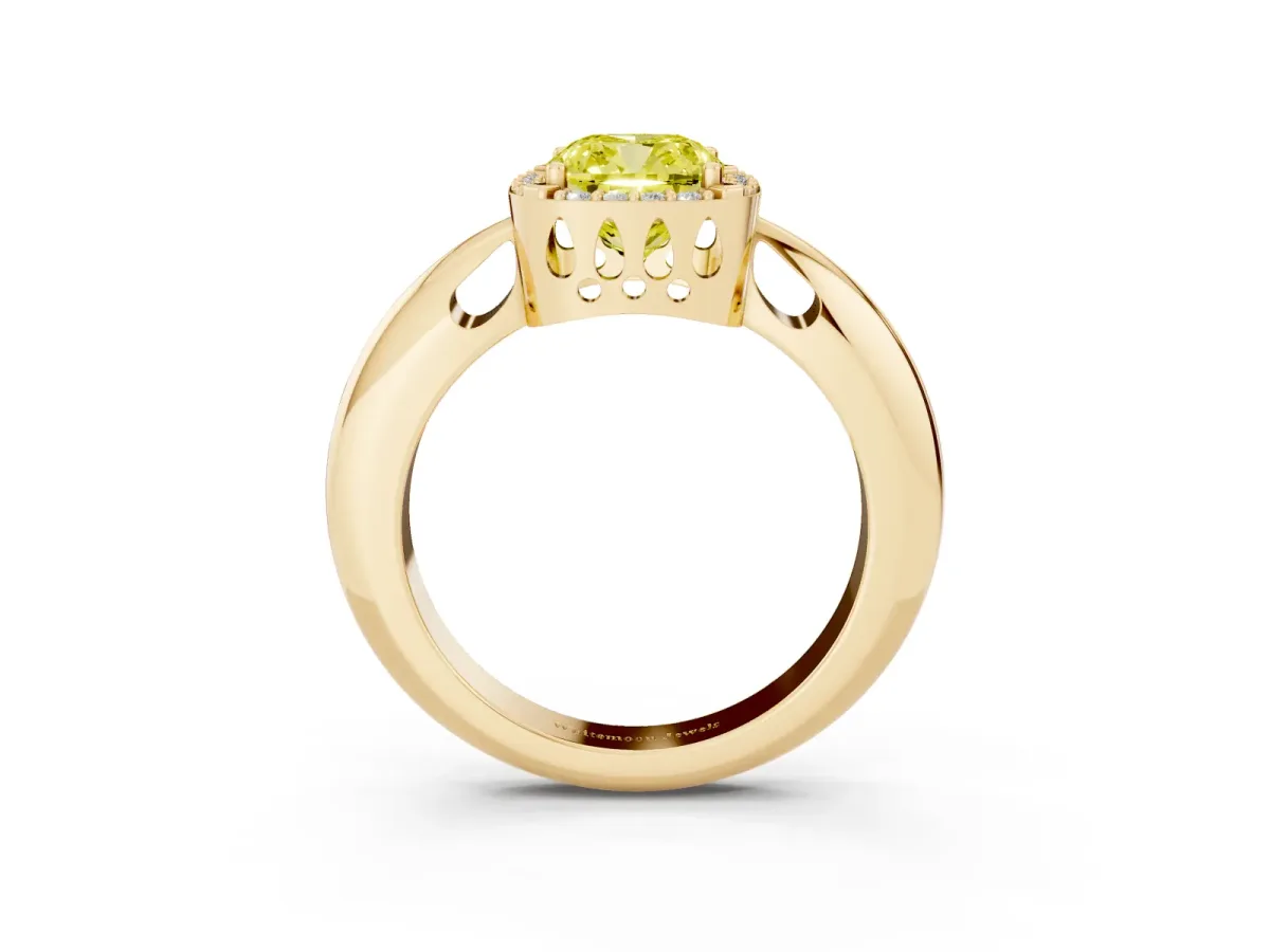 Fancy Yellow Cushion Cut Cut Diamond Halo Engagement Ring with Split Shank and Four-Prong Setting Yellow gold