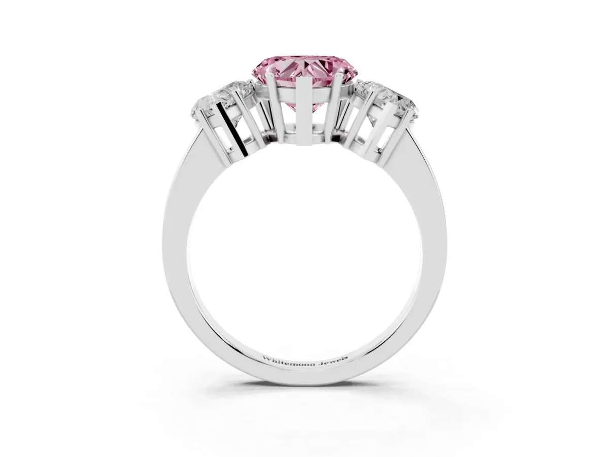 Fancy Pink Three-Stone Heart Cut Cut Diamond Engagement Ring with Flat Band and Four-Prong Setting Silver