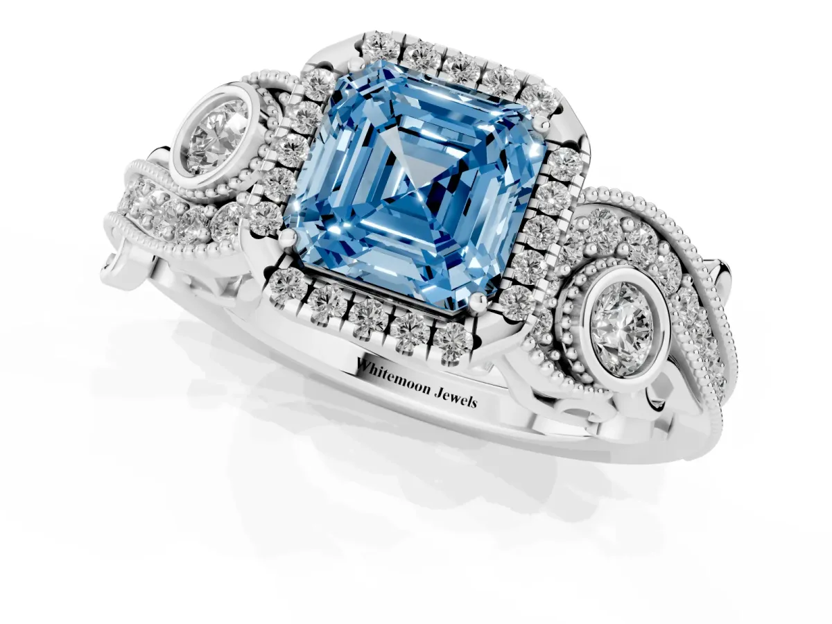 Fancy Blue Asscher Cut Diamond Halo Ring with Milgrain Pavé Band and Four-Prong Setting Platinum