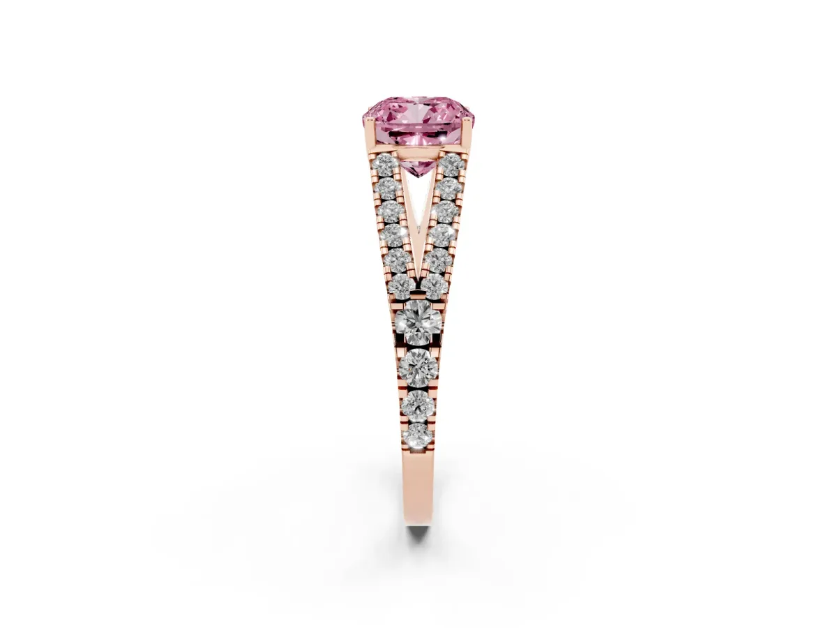 Fancy Pink Cushion Cut Diamond Split Shank Engagement Ring with Round Pavé and Prong Setting Rose gold